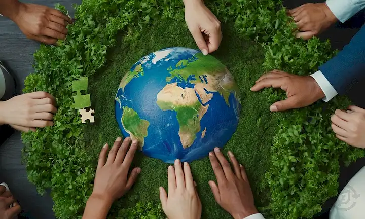 Manos sosteniendo una pieza de rompecabezas, Tierra desde el espacio, gente de negocios interconectada, hojas verdes creciendo alrededor de logos, diversas manos formando un círculo, engranajes convirtiéndose en un globo, iconos de las redes sociales como flor de flores, o una forma de onda color arco iris que se integra con un volante