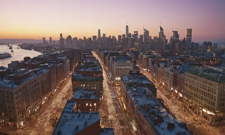 3D piezas de rompecabezas cayendo en su lugar, representando la conexión y la unidad, con un fondo de iconos de redes sociales, destacando el cambio impulsado por la tecnología, en medio de un paisaje urbano al atardecer, simbolizando la innovación y el progreso