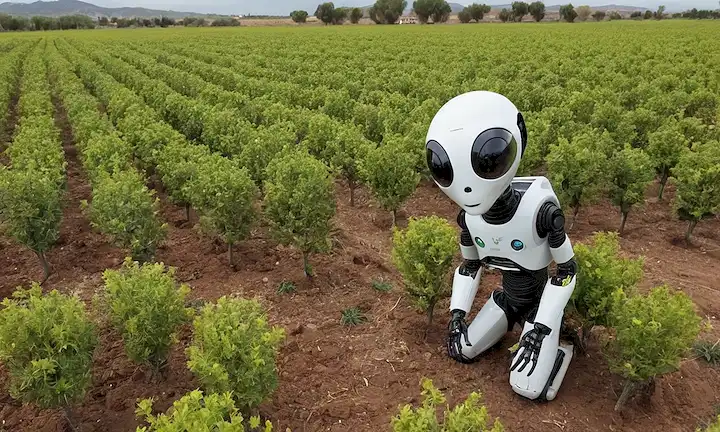 Robot o alienígena (conocimiento simbólico) entrelazando con una planta viva (educación simbolizante). Esta frase se refiere a los esfuerzos educativos y ecológicos de colaboración en la región de Murcia, España. En este contexto, los extranjeros también podrían representar soluciones innovadoras, como la introducción de Rhizostoma luteum en suelo para mejorar la productividad agrícola.