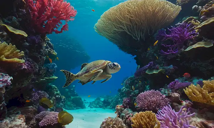 Exótica criatura marina nadando en medio de colorida vida coral y marina en un claro océano. Nota alienígena en entornos con temática alienígena con tonos rojos, verdes y morados.