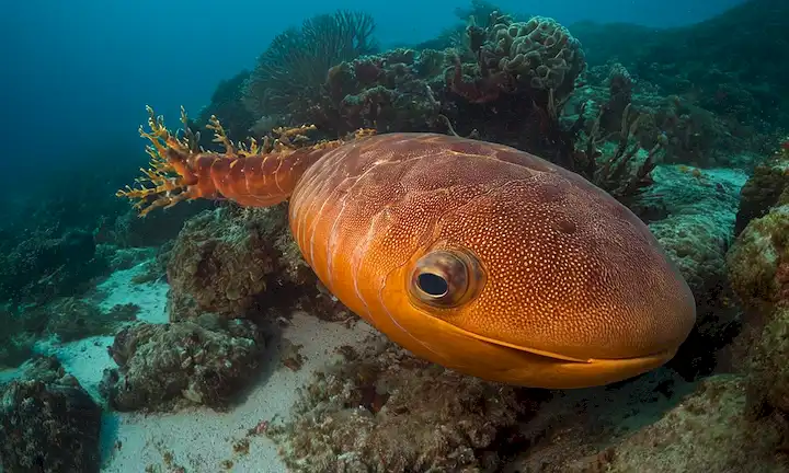 Una criatura marina gigante con patrones rojo-orange llamado Rhizostoma luteum, amenazando con invadir la costa de Murcia, un monstruo mítico influenciado por la ciencia ficción y la naturaleza.