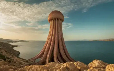 Un ser alienígena con el cuerpo tipo tentáculo característico de Rhizostoma y que se eleva sobre las costas de Murcia