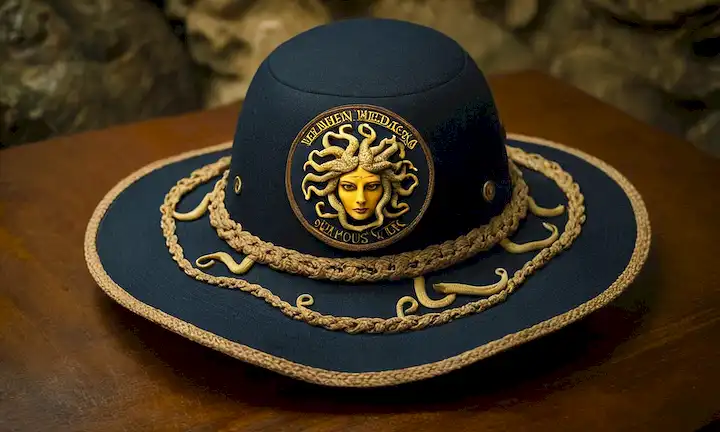 Un sombrero protector con una etiqueta de advertencia para los peligros del mar y una imagen de la legendaria Medusa, simbolizando su capacidad de aplastar tentáculos venenosos con sólo un toque.