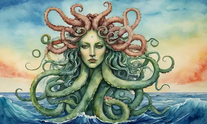 Pintura acuarela de inspiración náutica con criatura como Medusa con tentáculos y elementos oceánicos, terminó artísticamente sobre un fondo de tela.
