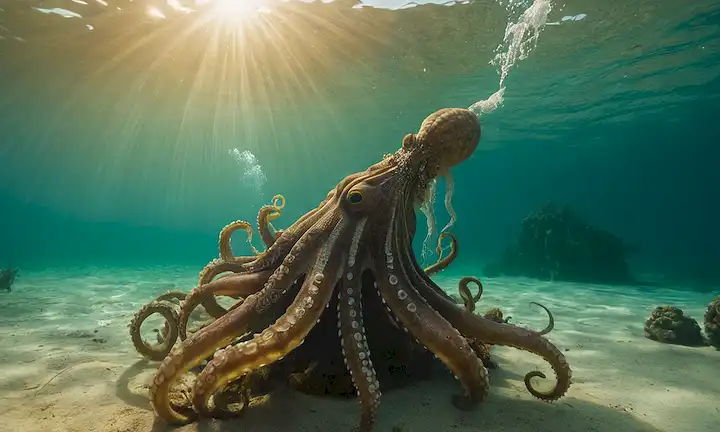 Medusas monstruoso cefalothorax emergiendo de un tentáculo tipo kraken, adornado con el canto icónico, mientras una enorme criatura marina emerge con gracia en medio del agua marina brillante y la luz del sol.