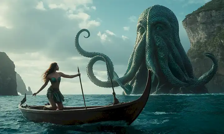 Sailor en un barco a base de agua que combate una sirena monstruosa con tentáculos y un nombre derivado del folklore español, en un entorno fantástico rodeado de paisajes oceánicos.