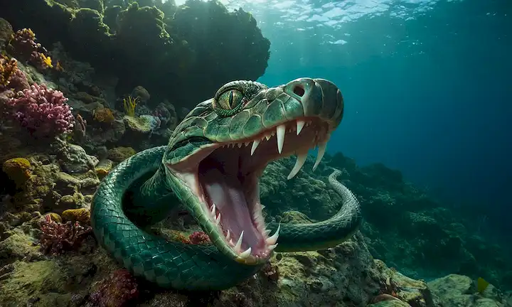 Medusa con una larga, verde oscuro, boca de serpiente llena de dientes afilados sentados en un fondo rocoso, rodeado de olas profundas del océano. tentáculos notables flotando en el agua. Los colores son vivos brillantes mientras la luz del sol brilla sobre este paraíso submarino.