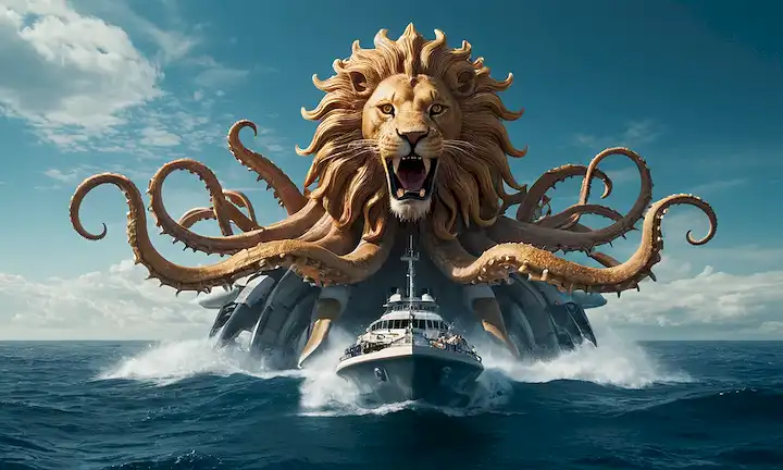 Una enorme criatura marina con ocho tentáculos y una cabeza de león, utilizando una nave espacial para atravesar las aguas del océano abierto para su próxima aventura.