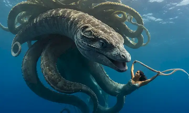 Una gigantesca criatura marina con tentáculos y una prominente cabeza de serpientes emergente de un entorno oceánico azul, reminiscente de la popular serie animada Reino de los Spikes Cristales, retratada por Medusa Melena de León. (Nota: Esto es puramente ficticio y no basado en ningún evento o criatura de la vida real).