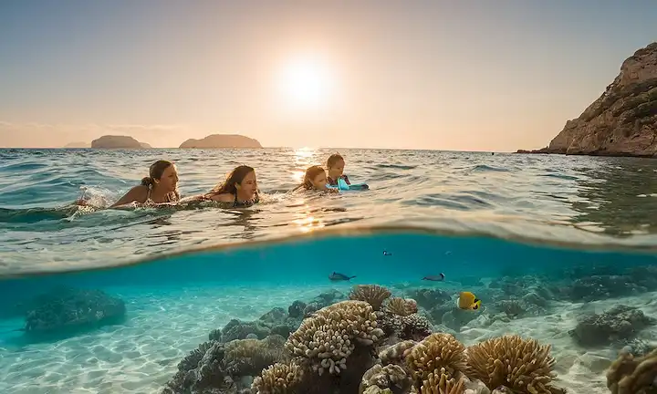 Piscina familiar cómodamente en el océano con diversos tipos de criaturas marinas y sus respectivas informaciones de seguridad. El texto menciona a Medusas varias veces para el énfasis, posiblemente relacionado con amenazas subacuáticas o la identificación de especies. La foto adjunta debe ser una familia disfrutando del tiempo de playa en un escenario pintoresco de las costas españolas, lo que ilustra un ambiente fácil en medio de encuentros de agua y vida marina. Un fragmento típico del libro podría verse así: Un relajante atardecer mediterráneo capturado perfectamente por nuestros fotógrafos profesionales en medio de playas de arena prístina; nos sumergimos en aguas cristalinas para explorar la colorida vida marina. Nuestro guía familiar garantiza su seguridad y disfrute mientras nadas con delfines agraciados, descubre misteriosos anguilas o maravillas con el pez payaso inflamable. Sigue leyendo para encuentros más fascinantes en medio del horizonte azul!