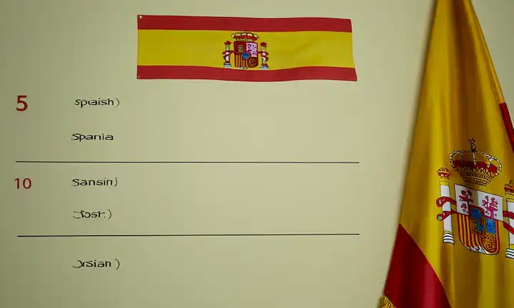 El índice de seguridad de las mujeres españolas disminuye después de que el ranking de los países baja de 85 a 127 en la clasificación internacional. Una bandera de España junto a un gráfico que muestra la clasificación decreciente. (Se podría necesitar traducción para ese texto si se habla con oradores no españoles).