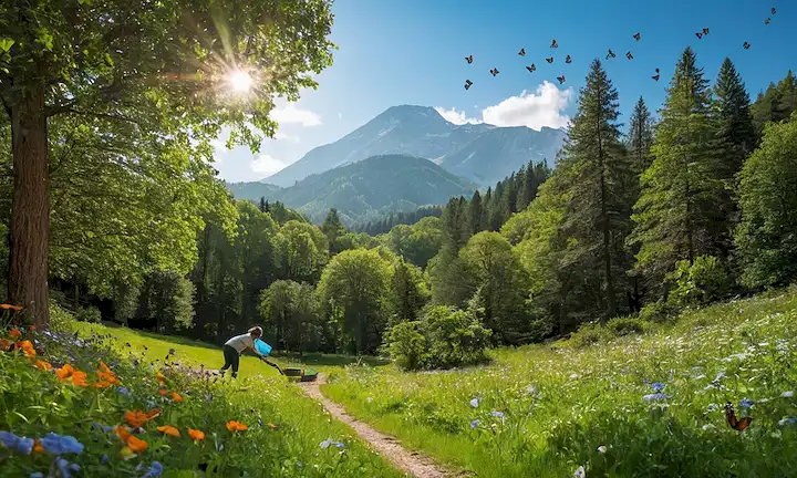 Un bosque soleado con unos pocos árboles, hierba verde y un cielo azul claro, con una persona plantando un árbol de reducción de emisiones, junto a un gráfico que muestra reducción de la huella de carbono, rodeado de elementos naturales como mariposas, abejas y flores, transmitiendo esperanza y acción positiva