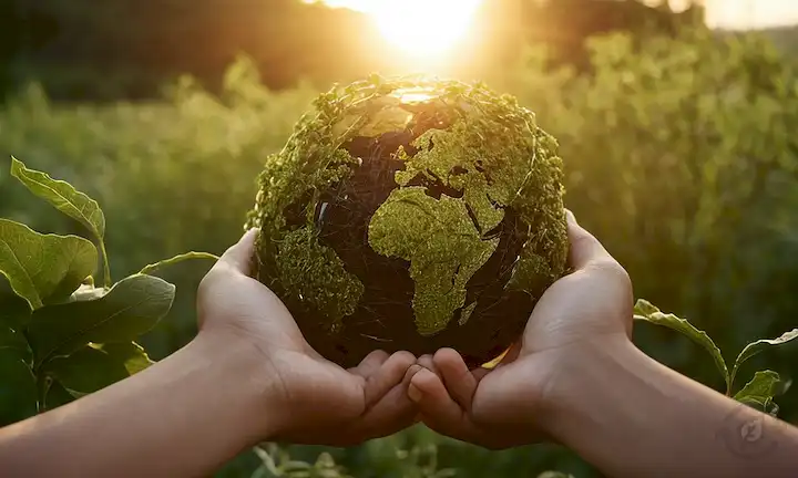 globo 3D, verdor, puesta del sol, manos sosteniendo hojas, cadenas interconectadas, moléculas de carbono, tonos terrenales, entorno natural, personas de diversos orígenes