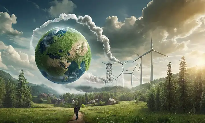 Tierra 3D, árboles, fábricas emitiendo humo, símbolos de energía verde, globo de sujeción a mano, gente caminando en bosque, nubes con turbinas de viento, átomos de carbono formando cadenas