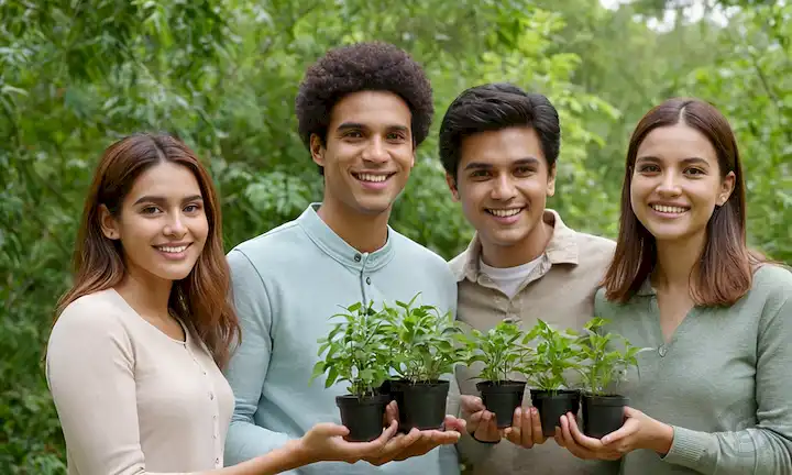 4 personas de diversos orígenes, sonriendo, de pie juntos, rodeadas de vegetación exuberante, con árboles pequeños o colmillos, con un símbolo de huella de carbono sutil en el fondo, que transmite unidad y cooperación ambiental
