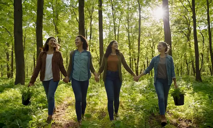 Bosque verde, árboles con hojas, cielo azul, sol brillante, gente plantando árboles, agarrando manos, caras sonrientes, tonos terrenales, formas orgánicas, texturas naturales, crecimiento, florecimiento, armonía, unidad, equilibrio, sostenibilidad, ambientalismo