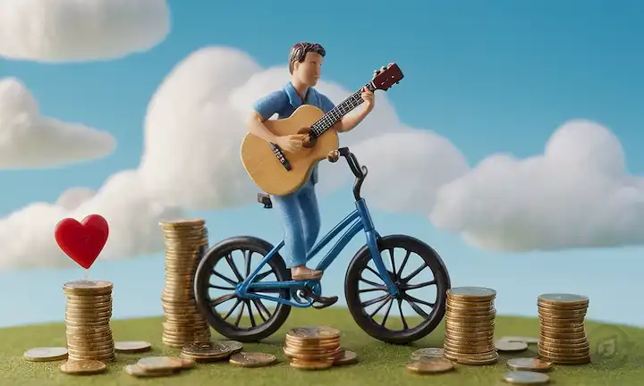 Miniatura 3D personas en actividades diarias (por ejemplo, bicicleta de equitación, guitarra), cada una rodeada de pequeñas monedas de dólares ($099 o menos) y símbolos de red de seguridad social (por ejemplo, casa, corazón, etc), en contra de un cielo azul brillante con unas pocas nubes blancas