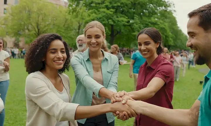 2 personas ayudando a otro, manos con manos, una reunión comunitaria, un grupo de personas sonriendo, personas de diferentes edades y profesiones unidas, un paisaje urbano con diversos edificios, un parque verde en el fondo, diversas caras sonriente, ambiente inclusivo, colores vibrantes, humor alegre