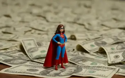 Una persona pequeña de pie en una factura de dólar