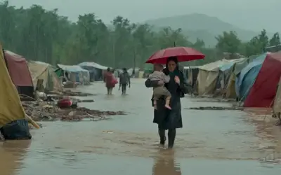 Una familia que pasa por las aguas inundadas