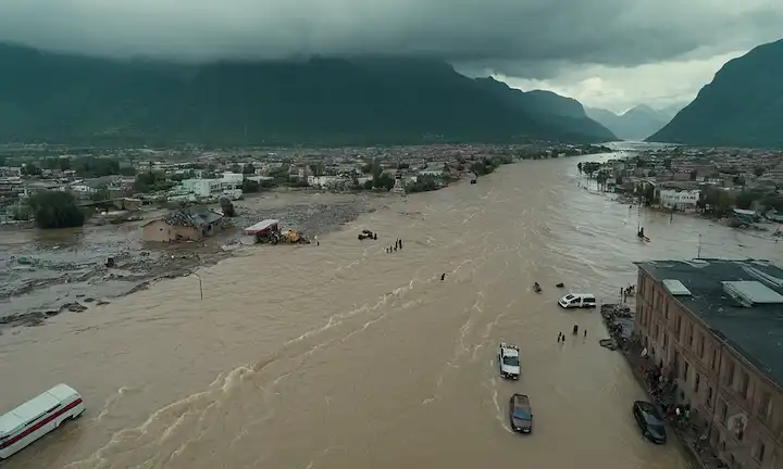 Vista aérea de una ciudad inundada, oleajes que chocan contra edificios, personas que navegan por las aguas, refugiados climáticos que transportan pertenencias, paisaje desolado, montañas en el fondo, clima tormentoso, vehículos de emergencia que se precipitan a rescatar, y horizonte distante con humo o escoria, transportando desesperación y caos