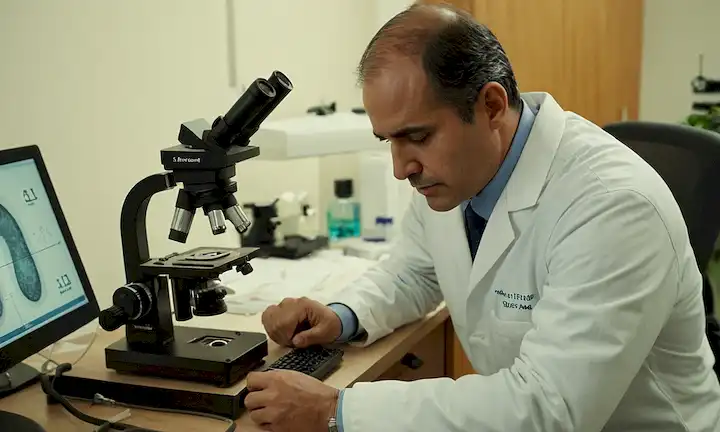 Dr. Miguel Sánchez Encinas trabajando duro con un microscopio y equipo, rodeado de imágenes médicas y gráficos detallando su investigación en urología y salud de próstata. En un rincón separado de la pantalla: Experto en Salud Prostasis y Sexual.
