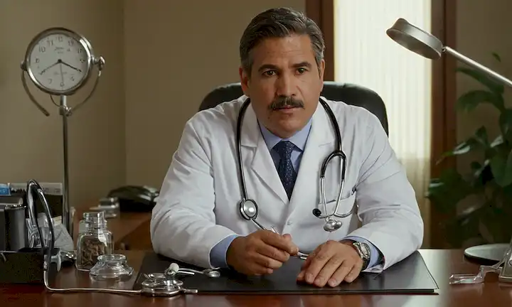Experto en salud de próstata con herramientas médicas y estetoscopio junto a un escritorio. La tarjeta de título lee Recursos para Urología: Dr. Miguel Sánchez Encinas, experto en salud de próstata.