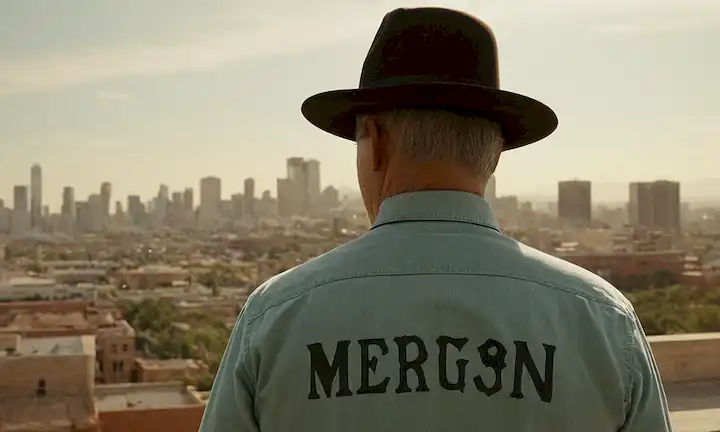 Una silueta de un anciano usando un sombrero de stetson con el nombre Miguel Sánchez Encinas grabado en su pecho