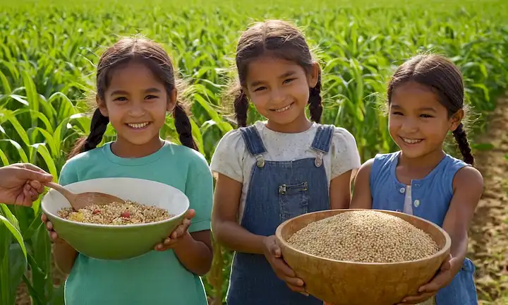 2 niños agarrando las manos con una tierra verde, sonriendo campos de grano mijo, sol brillando, campesinos cosechando, cuenco saludable con cereal mijo y fruta, feliz comida familiar compartiendo, gente diversa disfrutando de comida juntos