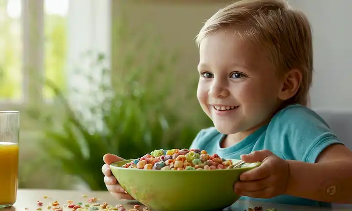 Un tazón lleno de piezas de cereales coloridas, un niño sonriente en el centro, plantas verdes y exuberantes que los rodean, luz solar brillante que se derrama desde arriba, unas cuantas cucharas dispersas alrededor, ambiente cálido y acogedor, enfoque suave para enfatizar los alimentos textura natural