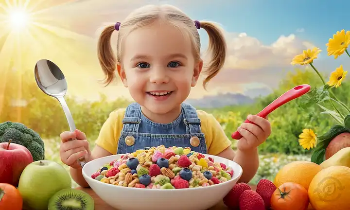 ilustración 3D de un niño sonriente que sostiene una cucharada de cereales coloridos con diversos ingredientes (frutas, verduras, nueces), rodeado de flores y plantas vibrantes, con cálida luz solar y nubes suaves