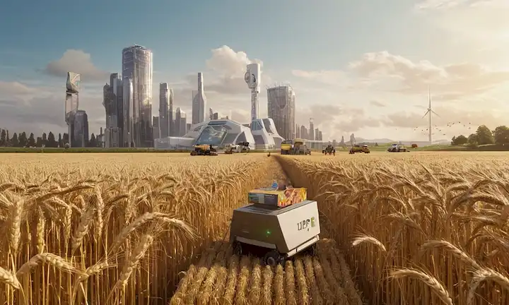 ilustración 3D de un futurista paisaje urbano con rascacielos y símbolos energéticos sostenibles, campos de trigo con robots cosechando cultivos, niños sonrientes que sostienen cajas de cereales, una nave espacial que aterriza en la distancia, una gigante caja de cereales Mijo como un faro de esperanza