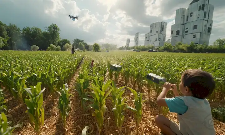 Paisaje urbano futurista 3D con vegetación vibrante, niños jugando con cajas de cereales, agricultores robóticos cosechando cultivos, drones voladores recolectando granos, luz solar brillante fluyendo a través de nubes