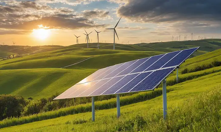 Turbinas de viento, paisaje de granja, cielo azul, colinas verdes, paneles solares, postes de utilidad, alambres de electricidad, colinas onduladas, nubes, amanecer / sol, molinos de viento a distancia