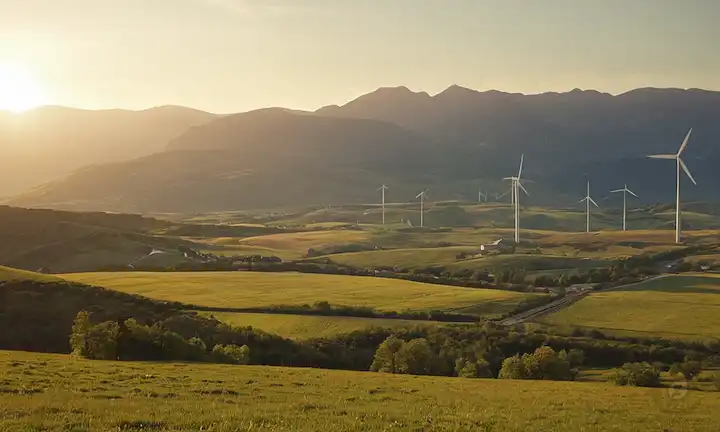Turbinas 3D girando, paisaje eólico, puesta del sol, montañas en el fondo, líneas eléctricas que conectan turbinas, cuchillas girando lentamente, entorno natural mezclando con tecnología, diseños innovadores, formas modernas elegantes, eficiencia energética, energía renovable, futuro sostenible