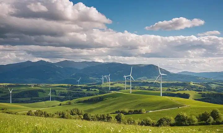 3-5 turbinas eólicas, paisaje verde, sol, cielo azul, colinas/montañas, nubes, paisaje natural, generación de energía, producción de energía, recursos renovables