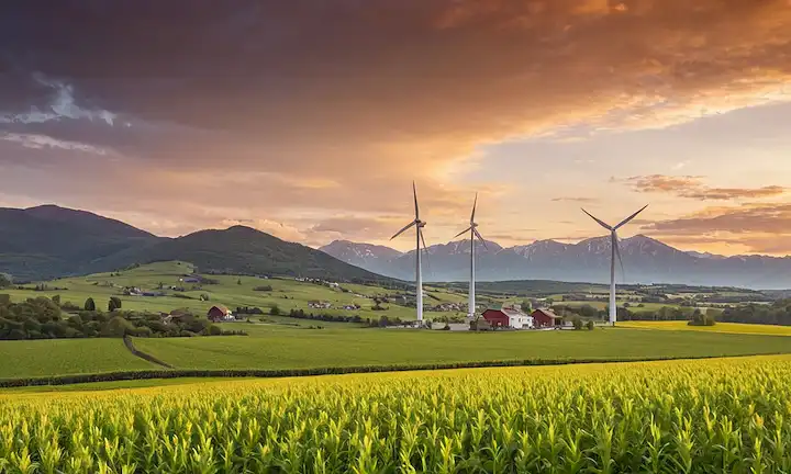 Turbinas de viento, centrales eléctricas, paisaje, puesta del sol, montañas, campos, granjas, energía verde, fuentes renovables, futuro sostenible, tecnología moderna