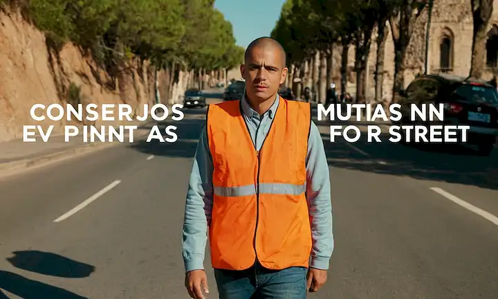 Persona de pie al aire libre en un día soleado, usando ropa reflectante con el texto CONSEJOS PARA EVITAR LAS MULTAS POR ESCUPIR EN LA CALLE (tips to avoid traffic fines for spitting in the street) escrito abajo. La fuente audaz significa la consecuencia financiera potencial de la acción que motivó estas palabras.