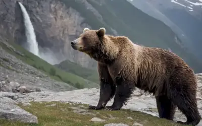 Oso (grino europeo) atrapado debido a la captura ilícita que pone en peligro su supervivencia en un paisaje frío y montañoso con condiciones meteorológicas duras. En el fondo se observan montañas