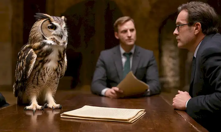 Donador de búho europeo recibiendo asesoramiento de captura ilegal de un experto mientras discuten la conservación con otra persona en el fondo.