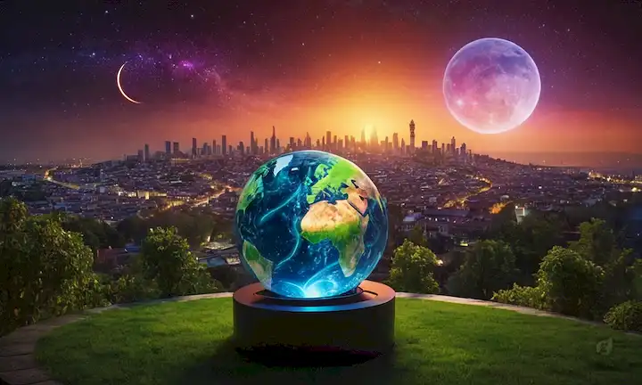 globo 3D con colores giratorios que representan emisiones, paisaje urbano futurista en el fondo con espacios verdes y paneles solares, estrellas y una luna crescente brillante, chispas sutiles o rayos que conectan el globo a la ciudad