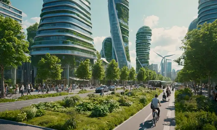 Paisaje urbano 3D con rascacielos cubiertos de vegetación, coches voladores, paneles solares, turbinas de viento, gente caminando y ciclismo en calles peatonalizadas, vehículos de cero emisiones, arquitectura futurista, edificios sostenibles, parques, características de agua y mínima contaminación