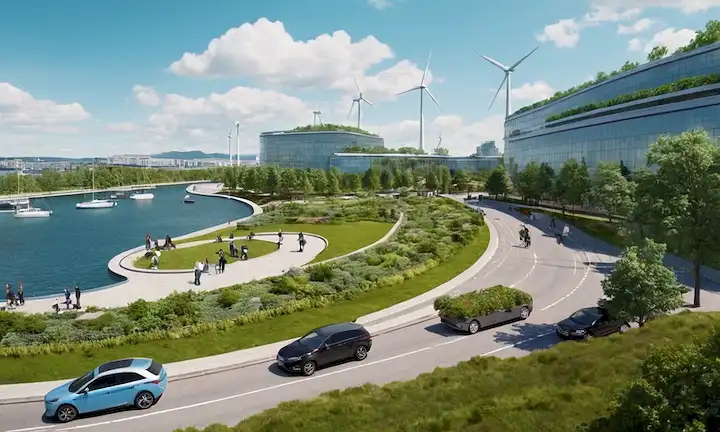 2050 paisaje urbano con techos verdes y paredes, paneles solares en edificios, vehículos eléctricos aparcados, gente caminando o ciclismo a lo largo del paseo marítimo, veleros en el lago o el océano, turbinas eólicas generando energía a distancia, cielo azul con pocas nubes hinchadas, frondosos árboles verdes que rodean la escena