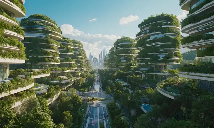 2050 paisaje urbano con vehículos de cero emisiones, exuberante vegetación y arquitectura futurista, mostrando seres humanos coexistiendo pacíficamente con la naturaleza, rodeado de cielos azules y suave luz solar, destacando una relación armónica entre tecnología y medio ambiente