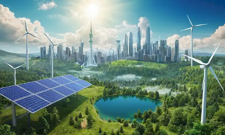 ilustración 3D del globo terráqueo con gases azules y verdes giratorios, rodeados de paneles solares, turbinas eólicas y exuberantes bosques, con un paisaje urbano en el fondo con arquitectura futurista y rascacielos limpios de energía, situados en un cielo azul brillante con unas pocas nubes blancas brillantes