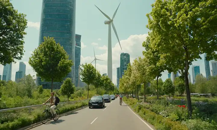 2050 paisaje urbano, vegetación cubre rascacielos, paneles solares, turbinas de viento, vehículos eléctricos, gente caminando ciclismo sonriente, naturaleza preservada, árboles, flores, aves volando