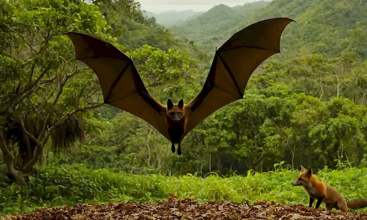 Un gran murciélago volando mientras dos zorros se sientan junto a su pata, rodeado de escenas de la naturaleza como hojas rustling y aves cantando. El mensaje se traduce en un mensaje de esperanza del GiantFlying Fox de Filipinas: Un tesoro en peligro de extinción.
