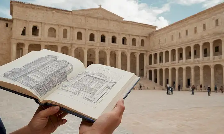 Arquitectos de mano con cuaderno de bocetos y planos, de pie frente a un edificio de diseño hermoso que refleja la evolución humana. El libro y el papel simbolizan el proceso creativo de innovación arquitectónica, cultura e historia. Esta breve descripción resume el tema y la intención de la cita La Arquitectura como un Reflejo de la Evolución Humana de Ignacio Vicens: Arquitectura, Valores y Belleza por Ignacio Vicens.