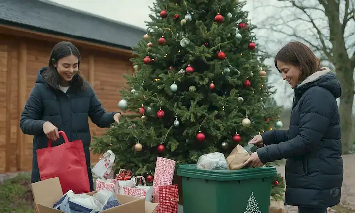 Una escena festiva de invierno, una persona que tiene una bolsa reutilizable con regalos dentro, un contenedor de reciclaje que rebosa con reciclables, paneles solares en un techo, una cocina familiar junto con utensilios y platos ecológicos, un árbol de Navidad decorado con luces eficientes en la energía, un niño jugando con un tren eléctrico hecho de materiales reciclados, un grupo de amigos que tienen un picnic en un parque con embalaje de residuos cero