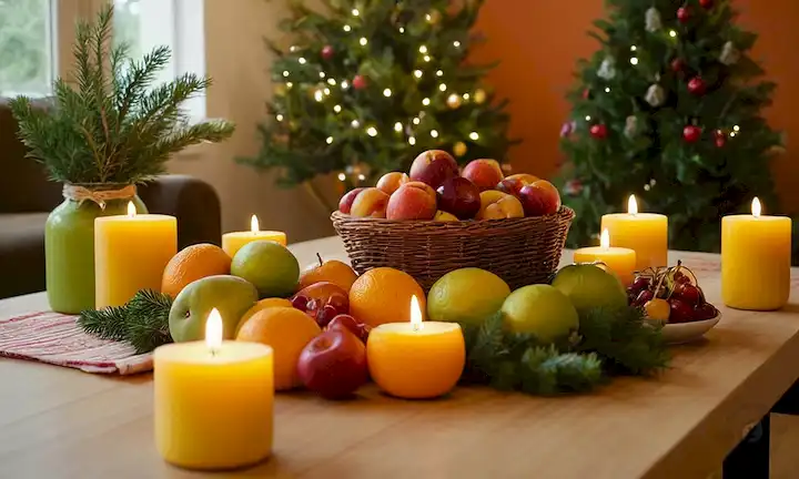 Una escena cálida y acogedora, con una variedad de frutas y verduras de temporada dispuestas en una mesa, rodeada de velas y ramas siempre verdes, con una mezcla de colores vibrantes como naranja, amarillo, verde y rojo, con algunas cajas de regalo sostenibles o bolsas reutilizables en el fondo